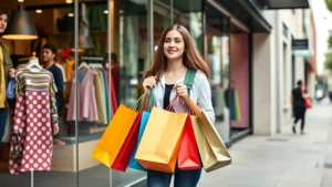 maryland tax free week 2025 - A young professional woman holding colorful shopping bags while walking past sto