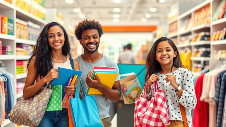 maryland tax free week 2025 - Photorealistic image of diverse family shopping together in a bright retail stor