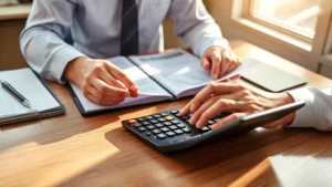 maryland tax increase - Professional accountant reviewing tax documents and calculator on wooden desk wi