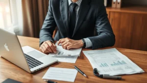 matthew the tax collector - Professional financial advisor reviewing documents at a wooden desk with a lapto