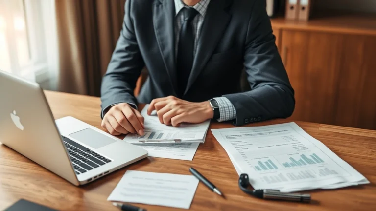 matthew the tax collector - Professional financial advisor reviewing documents at a wooden desk with a lapto