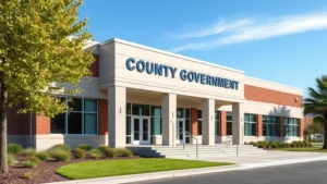 mclennan tax office - A professional, photorealistic image of a modern county government building exte