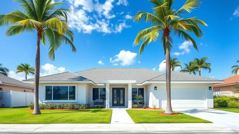 miami dade county property tax - Photorealistic image of a modern single-family home in Miami with palm trees and