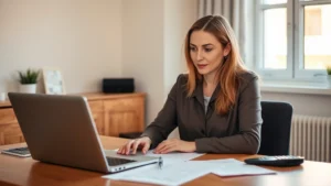 michigan income tax refund status - A professional woman sitting at a home desk with a laptop, looking at her bank a