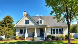 michigan property tax calculator - Photorealistic image of a Michigan residential home exterior with a sunny day