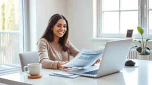 missouri state tax refund status - A person sitting at a clean desk with a laptop, smiling while reviewing financia