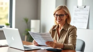 mn property tax rebate - A professional female accountant in her 40s sitting at a desk with a laptop and