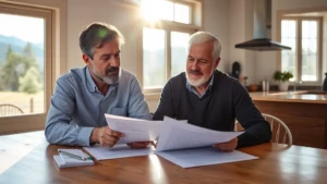 montana property tax rebate - A professional middle-aged couple reviewing property tax documents at their kitc