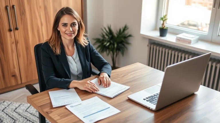 mud tax - A professional woman in business casual attire sitting at a wooden desk with a l