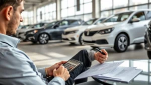 nc car sales tax - A person sitting in a car showroom reviewing paperwork and a calculator on a tab