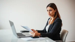 nc vehicle sales tax - A professional woman in business casual attire sitting at a modern desk with a l