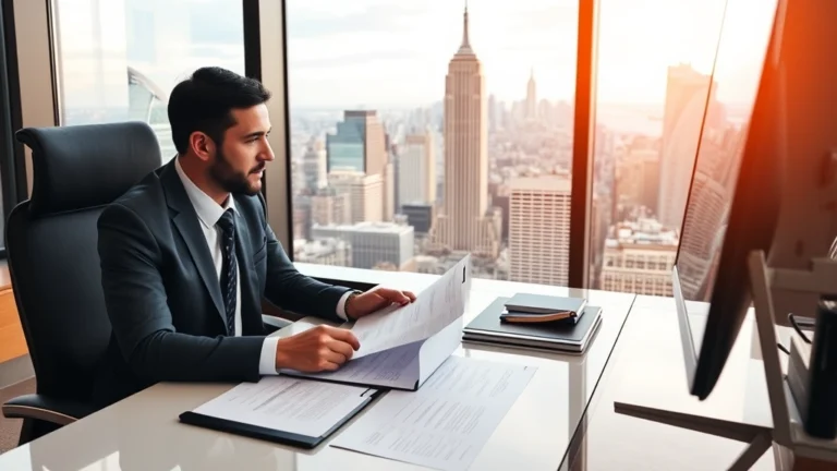 new york estate tax - A professional financial advisor or planner sitting at a modern desk with a comp