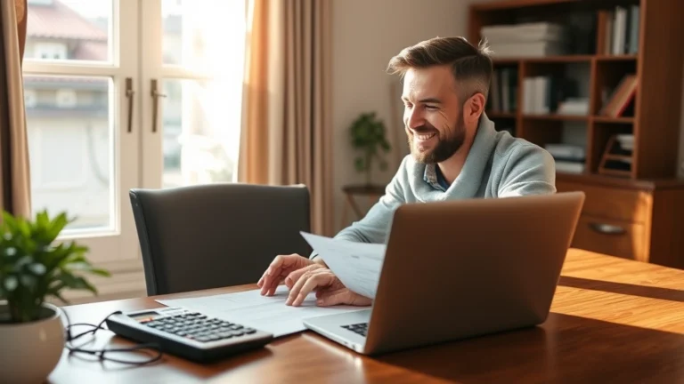 nh tax kiosk - A person sitting at a home office desk with a laptop, smiling while reviewing ta