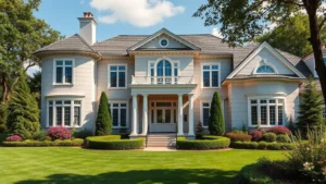 nj mansion tax - Photorealistic image of a luxury New Jersey mansion exterior with manicured gard