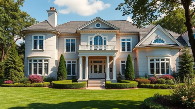 nj mansion tax - Photorealistic image of a luxury New Jersey mansion exterior with manicured gard