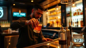 no tax on tips and overtime - Photorealistic image of a professional bartender in a modern upscale bar pouring