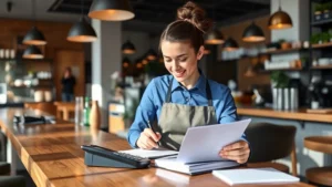 no tax on tips explained - A service worker (server or bartender) reviewing tip records at a modern cafe or