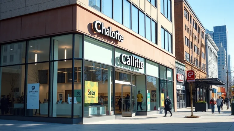 north carolina charlotte sales tax - Photorealistic image of a Charlotte storefront with glass windows and modern sig