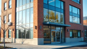norwich tax collector - Photorealistic exterior of a modern municipal tax office building with brick and