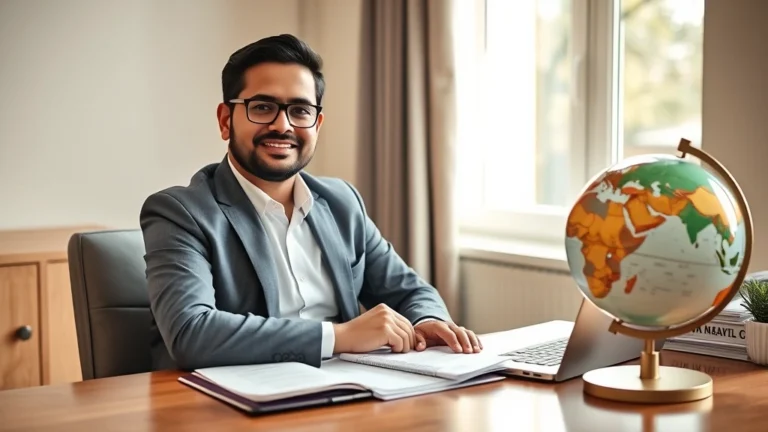 nri remittance tax - A professional South Asian man in business casual attire sitting at a desk with