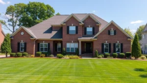 ohio property taxes - A realistic photograph of a Ohio suburban home with a well-maintained lawn and b