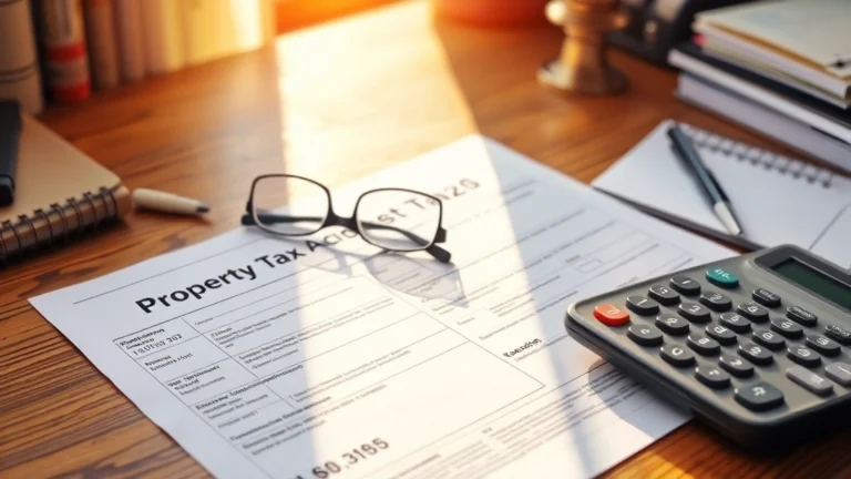 ohio school district tax - Photorealistic image of a wooden desk with a property tax bill, calculator, and