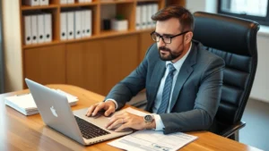 onslow county tax office - Professional tax advisor or accountant sitting at desk with laptop and documents