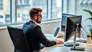 optima tax login - Professional accountant sitting at desk with dual monitors