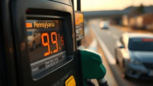 pennsylvania gas pump tax labels - Photorealistic close-up of a Pennsylvania gas pump display showing price per gal