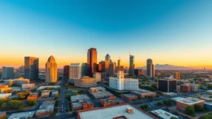 phoenix sales tax - Wide-angle photograph of Phoenix downtown skyline at golden hour