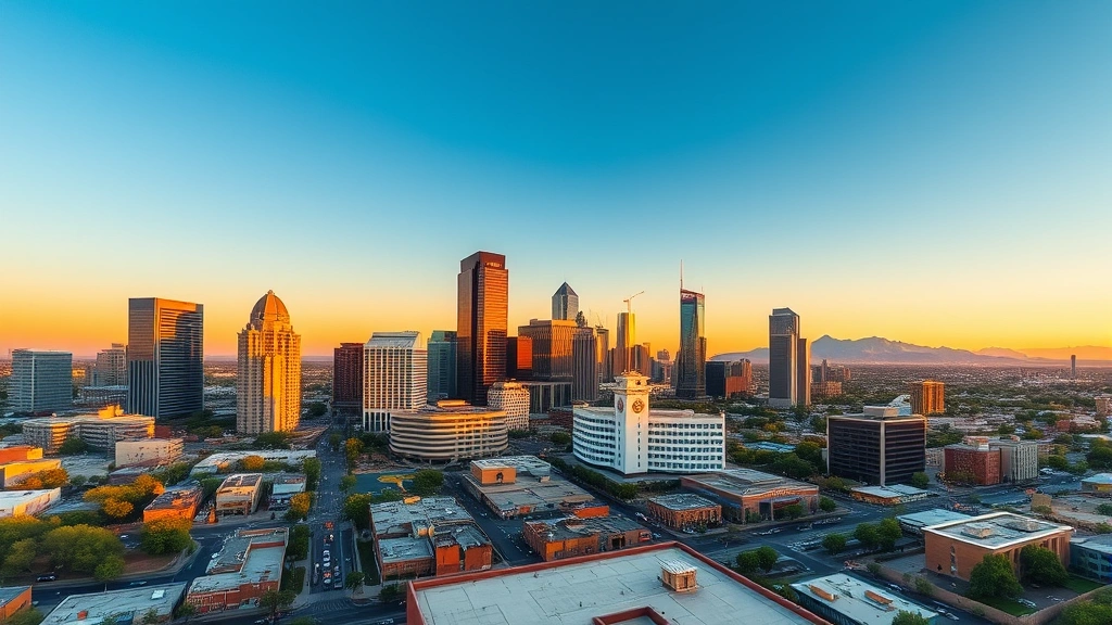 phoenix sales tax - Wide-angle photograph of Phoenix downtown skyline at golden hour