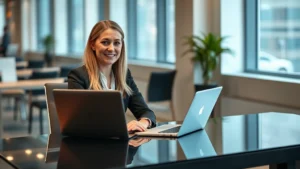 post tax deductions - A professional woman in business attire sitting at a modern desk with a laptop
