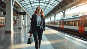 pre tax commuter benefits - Professional woman in business attire walking through a modern train station wit