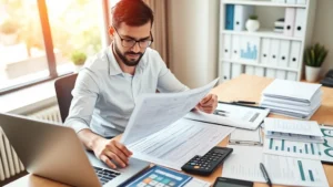 premier tax defense - A professional accountant or financial advisor reviewing tax documents and finan