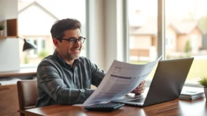 property tax estimator michigan - A professional homeowner sitting at a wooden desk with a laptop and calculator,