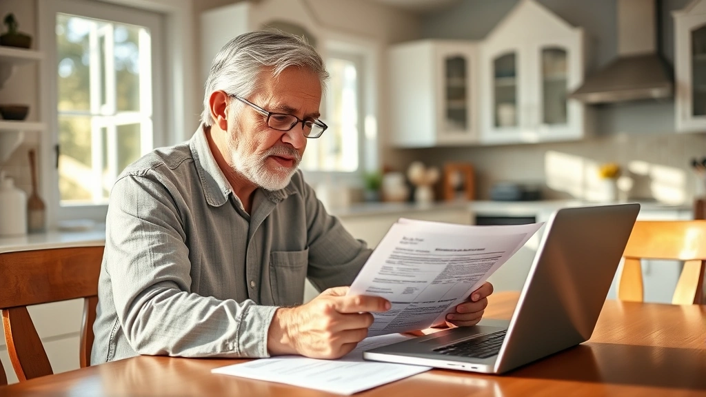 property tax in ventura county ca - A middle-aged homeowner reviewing property tax documents at a kitchen table with