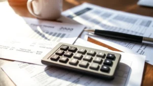 qualified dividends and capital tax worksheet - A close-up of a calculator and financial documents on a wooden desk with a cup o