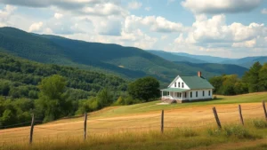 rabun county tax assessor - Photorealistic image of a rural Georgia mountain property with white farmhouse