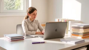 rapid tax filings llc - A person sitting at a clean desk with a laptop and organized file folders, natur