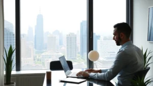 regional income tax - A professional working at a laptop in a modern home office with city skyline vis