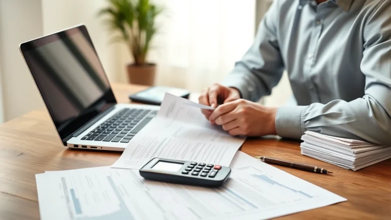 regional income tax authority - A professional accountant reviewing tax documents at a wooden desk with a laptop