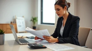 rita taxes - A professional woman reviewing financial documents at a modern desk with a lapto