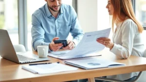 s corp tax calculator - Professional accountant or business owner reviewing financial documents and calc