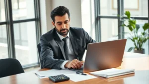 salary tax calculator pakistan 2025-26 - A professional Pakistani man in business attire sitting at a modern desk with a