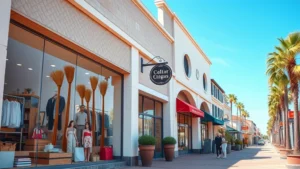 sales tax for orange county california - Photorealistic image of a California retail shopping scene with storefront windo