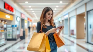 sales tax in nevada - A clean, modern shopping scene with a woman holding shopping bags and looking at