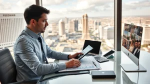 sales tax las vegas - Professional accountant reviewing financial documents and calculator on modern d