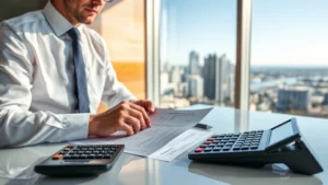 sales tax san diego - Professional accountant reviewing sales tax documents and calculator on a clean