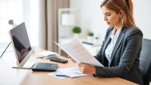 san mateo tax collector - A professional woman in business attire reviewing property tax documents and a c