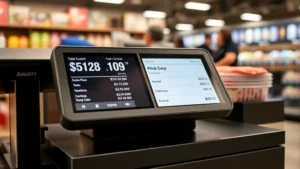 santa ana sales tax - A modern retail checkout counter with a digital display showing a price total an